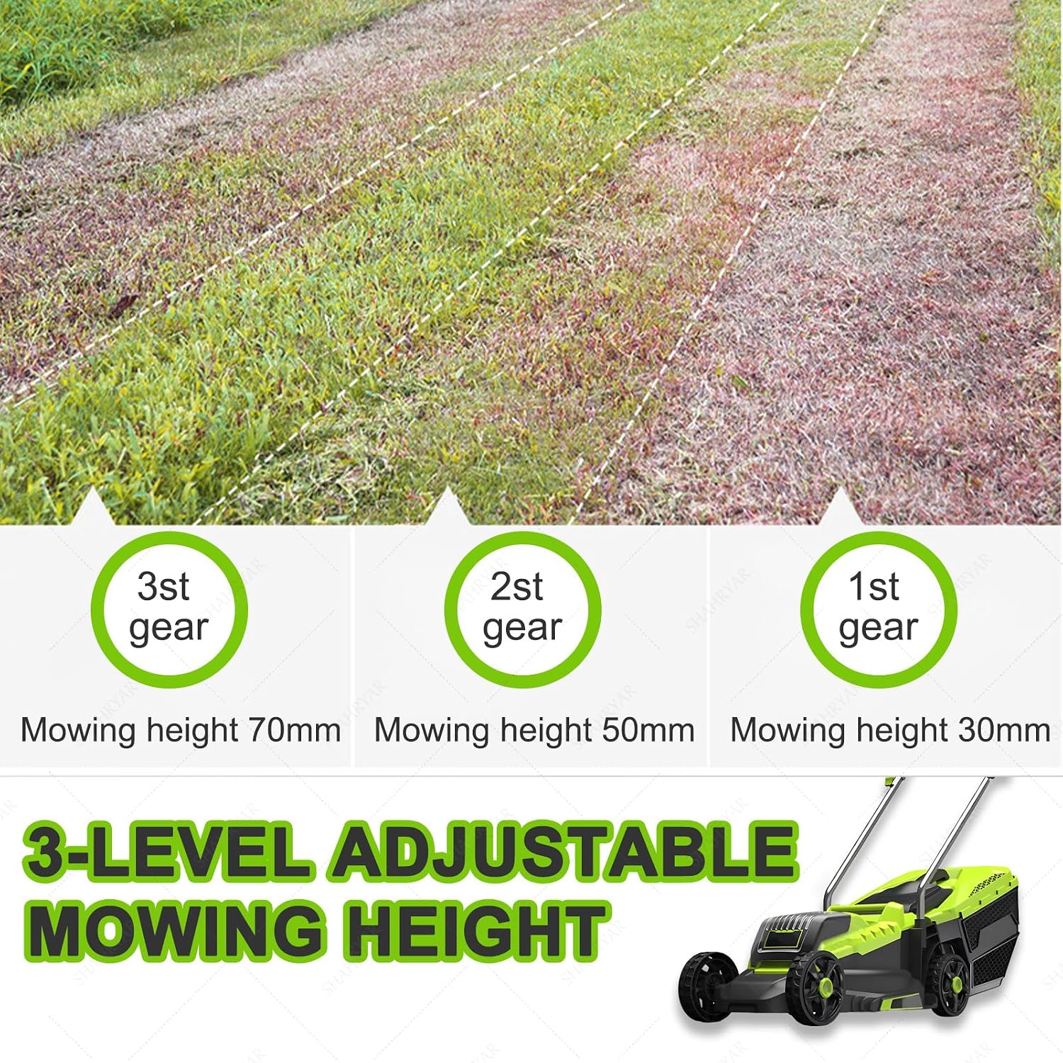 SHAHRYAR Electric Lawn Mower,3400 RMP High Speed Cutting,with 45l Large Grass Box, 30/50/70 Mm 3 Adjustable Cutting Heights,for Lawn Mowing Park Landscaping Etc