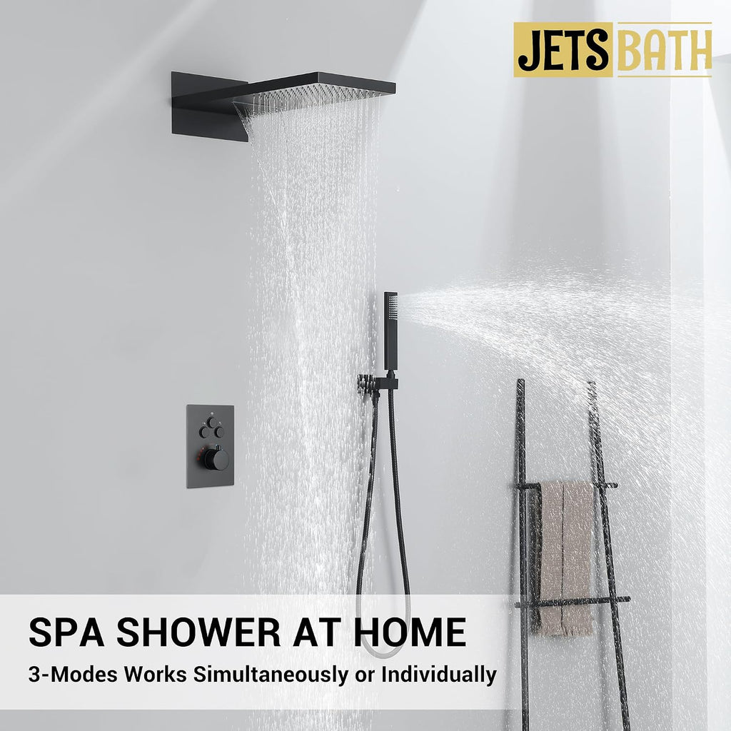 Thermostatic Shower System 22-Inch Rain & Waterfall Large Shower Head, Matte Black Luxury Shower Faucet Set with High Pressure Handheld Sprayer, Wall Mount Shower Fixtures Include Valve