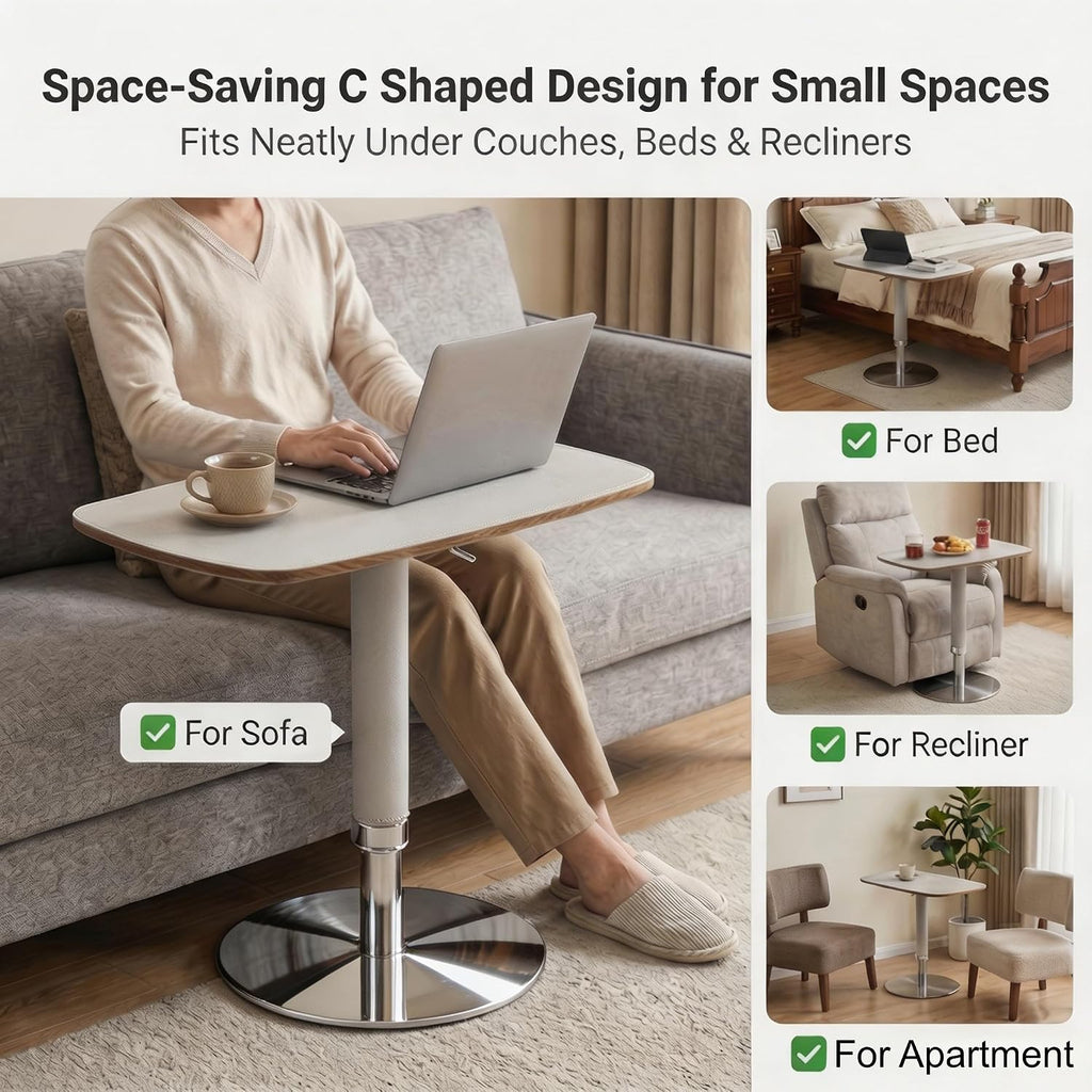 TV Trays for Eating on Couch, Adjustable Height 360° Swivel TV Tray with Saddle Faux Leather Top, Heavy Duty Snack Table for Sofa Bed Recliner, C Shaped Side Table for Laptop Dinner Small Spaces