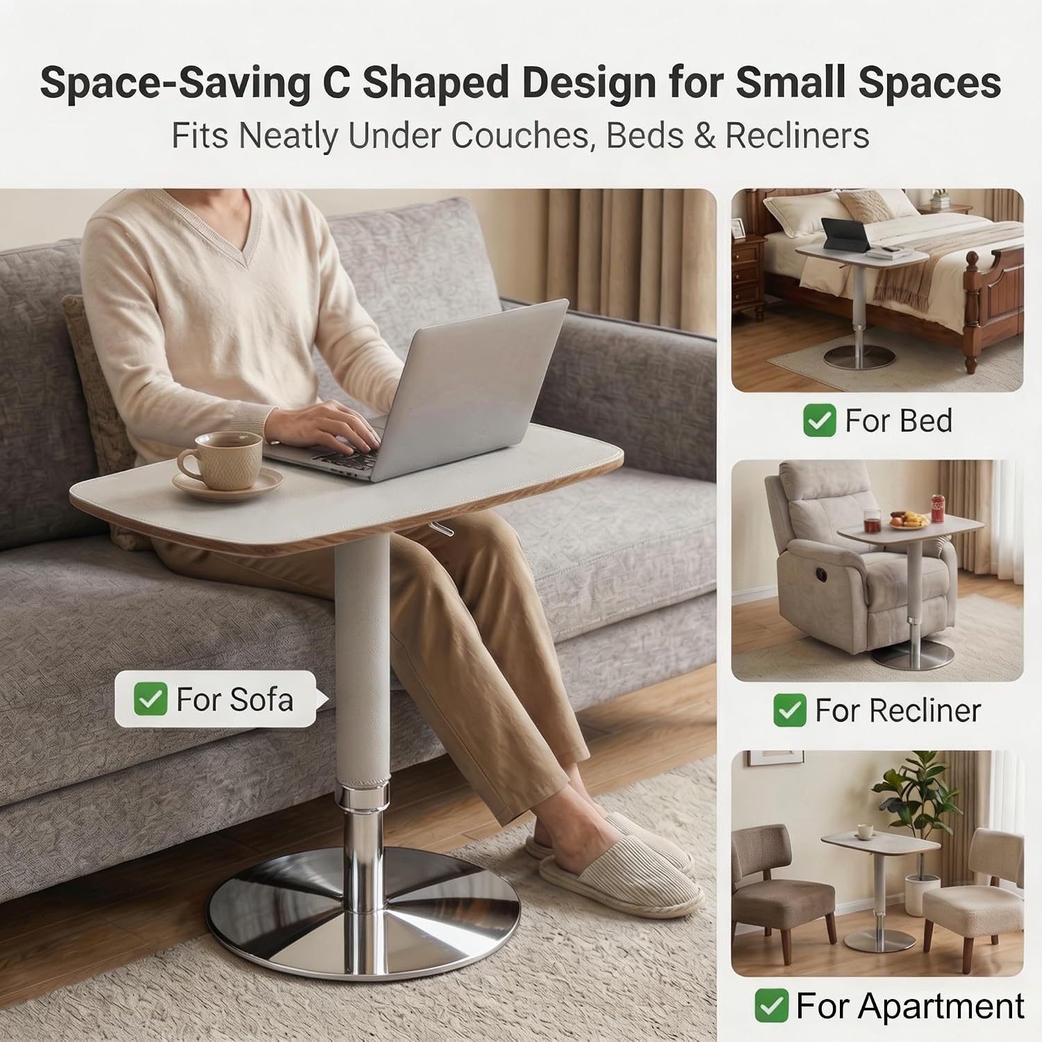 TV Trays for Eating on Couch, Adjustable Height 360° Swivel TV Tray with Saddle Faux Leather Top, Heavy Duty Snack Table for Sofa Bed Recliner, C Shaped Side Table for Laptop Dinner Small Spaces