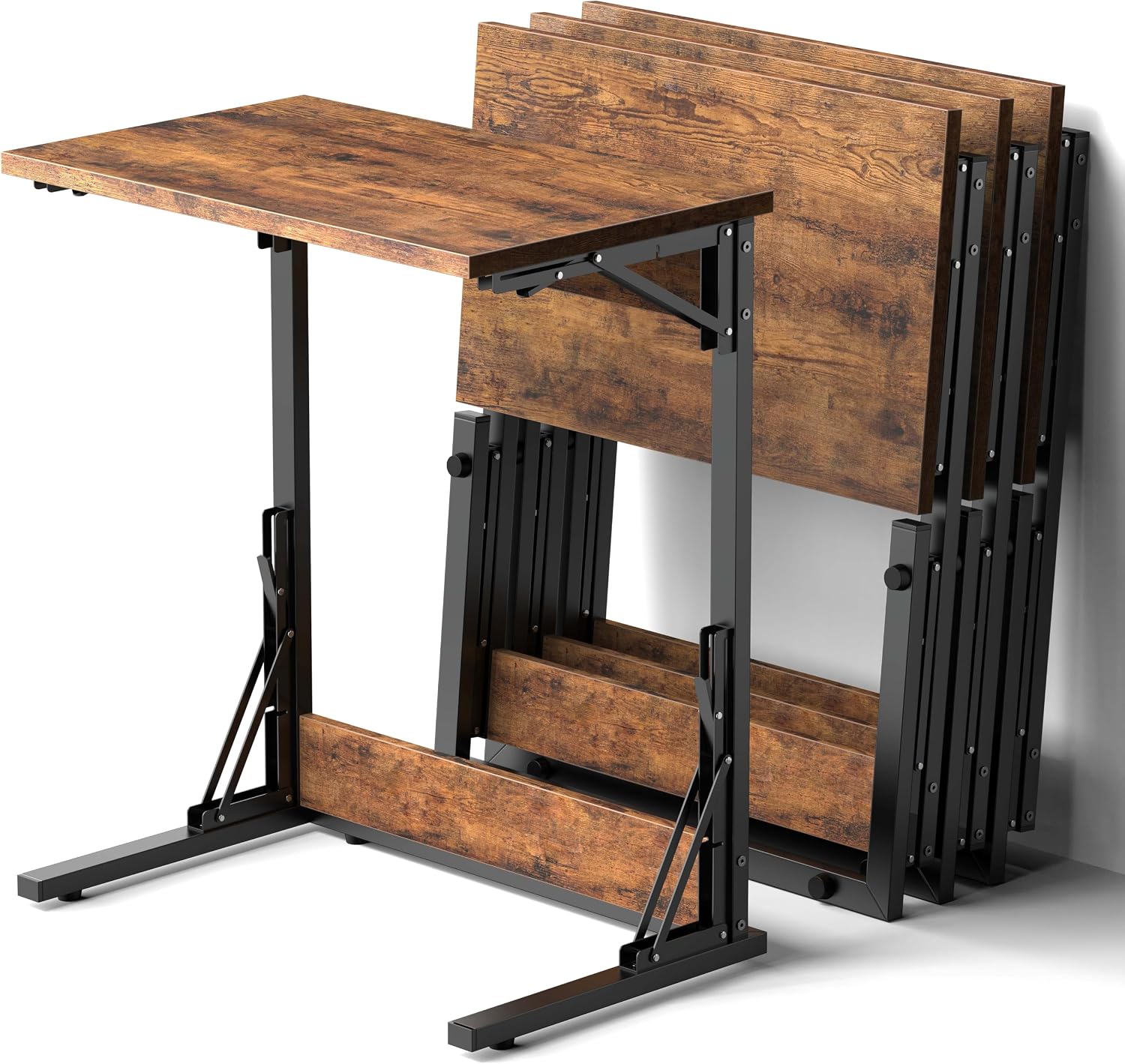 Tatub 24' Folding C Shaped End Table Set of 4, Small Sofa Side Laptop Desk, Couch TV Tray Table for Living Room, Bedroom, Rustic Brown