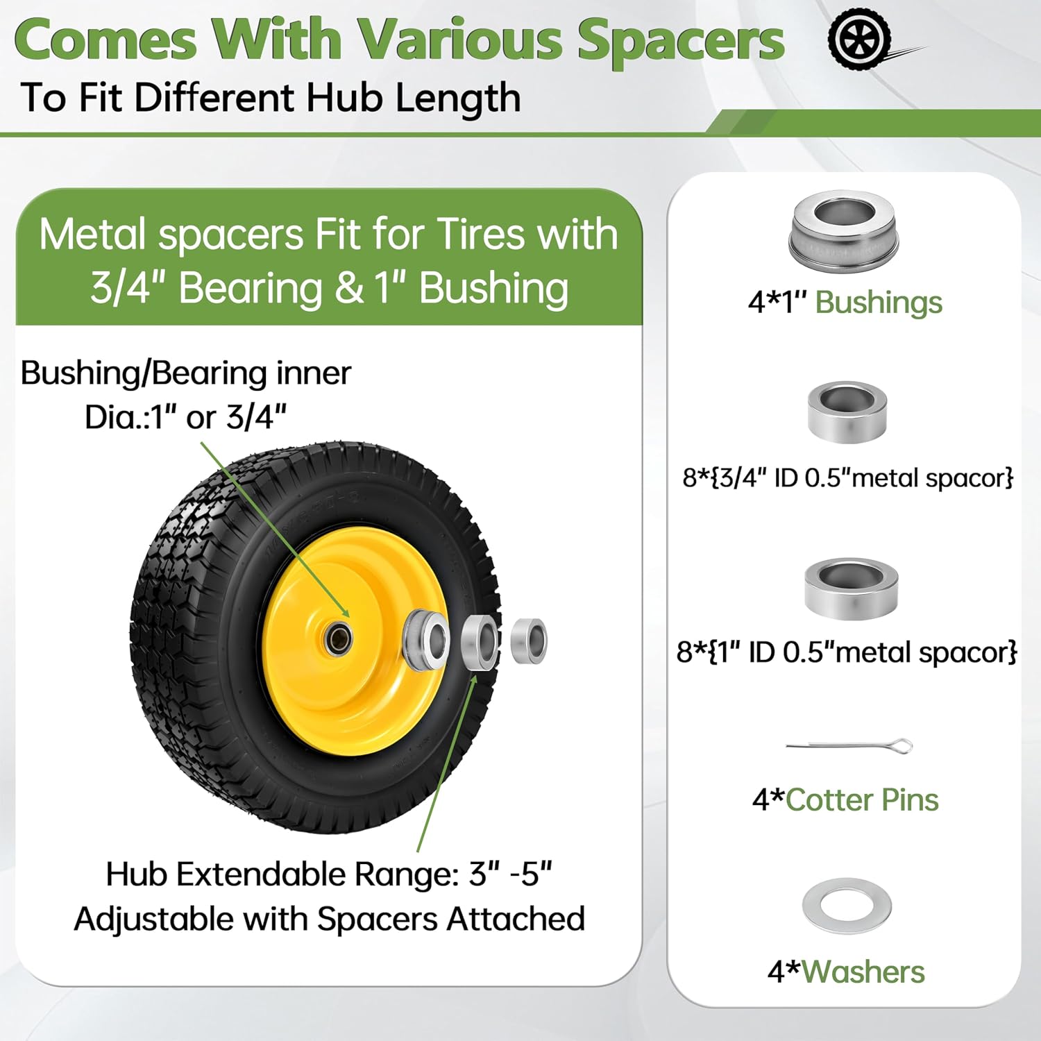 2 PCS 16x6.50-8 Tubeless Tire and Wheel, 3'-5'Offset Hub,with 3/4'Bearing 1'Bushing, Universal Fit Riding Lawn Mowers and Garden Tractor Front Wheel Assembly,4 Ply 16x6.5-8 Lawn Mower Tires,35 Psi