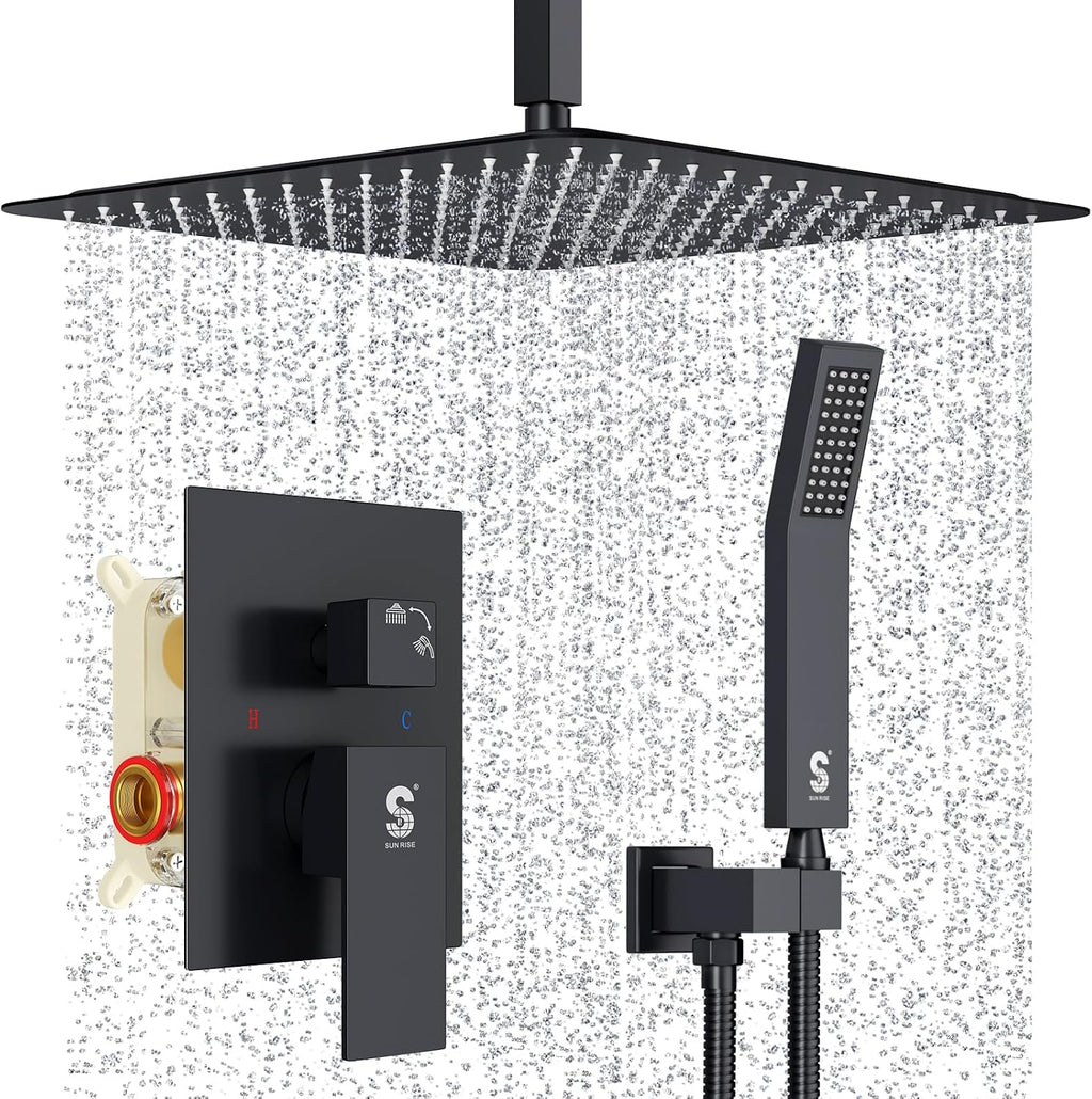 SR SUN RISE 16 Inches Matte Black Shower Set System Bathroom Luxury Rain Mixer Shower Combo Set Ceiling Mounted Rainfall Shower Head Faucet (Contain Shower Faucet Rough-In Valve Body and Trim)