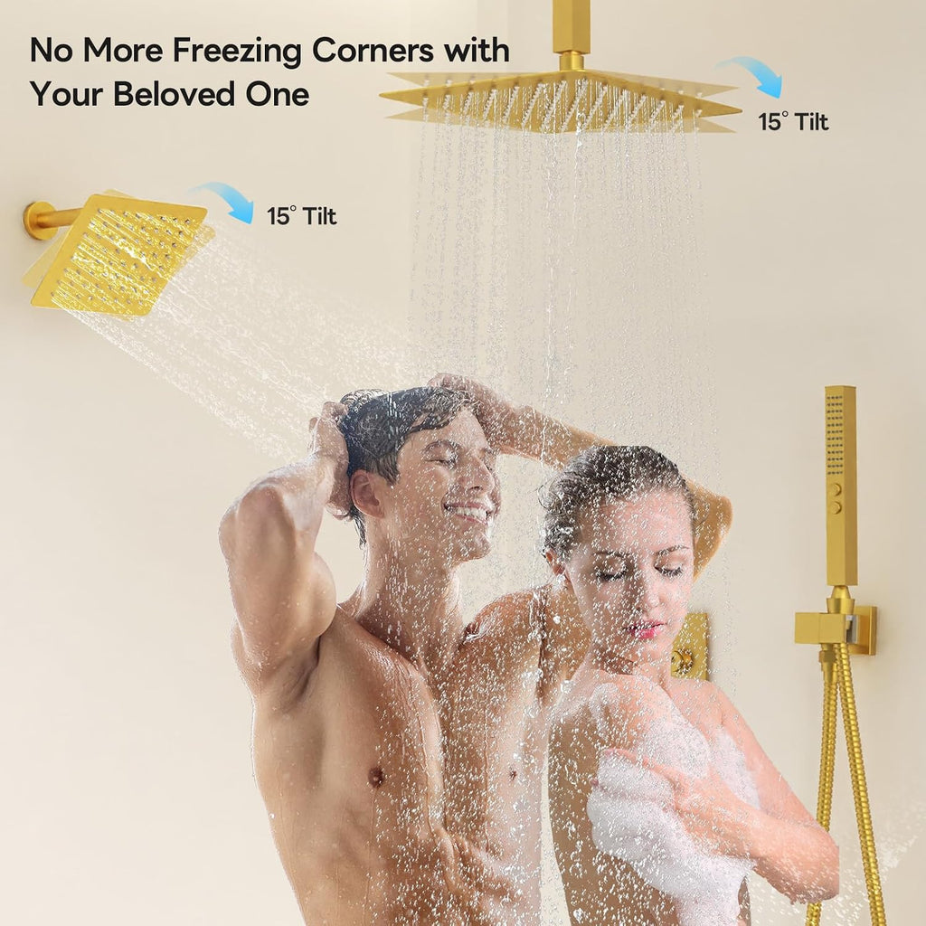 Shower System Brushed Gold Shower Faucet Set,Five Functions Knob Diverter Rainfall Shower Faucet with 2 in 1 Handheld,10'' Ceiling Mount and 6'' Wall Mount Rainfall Shower System