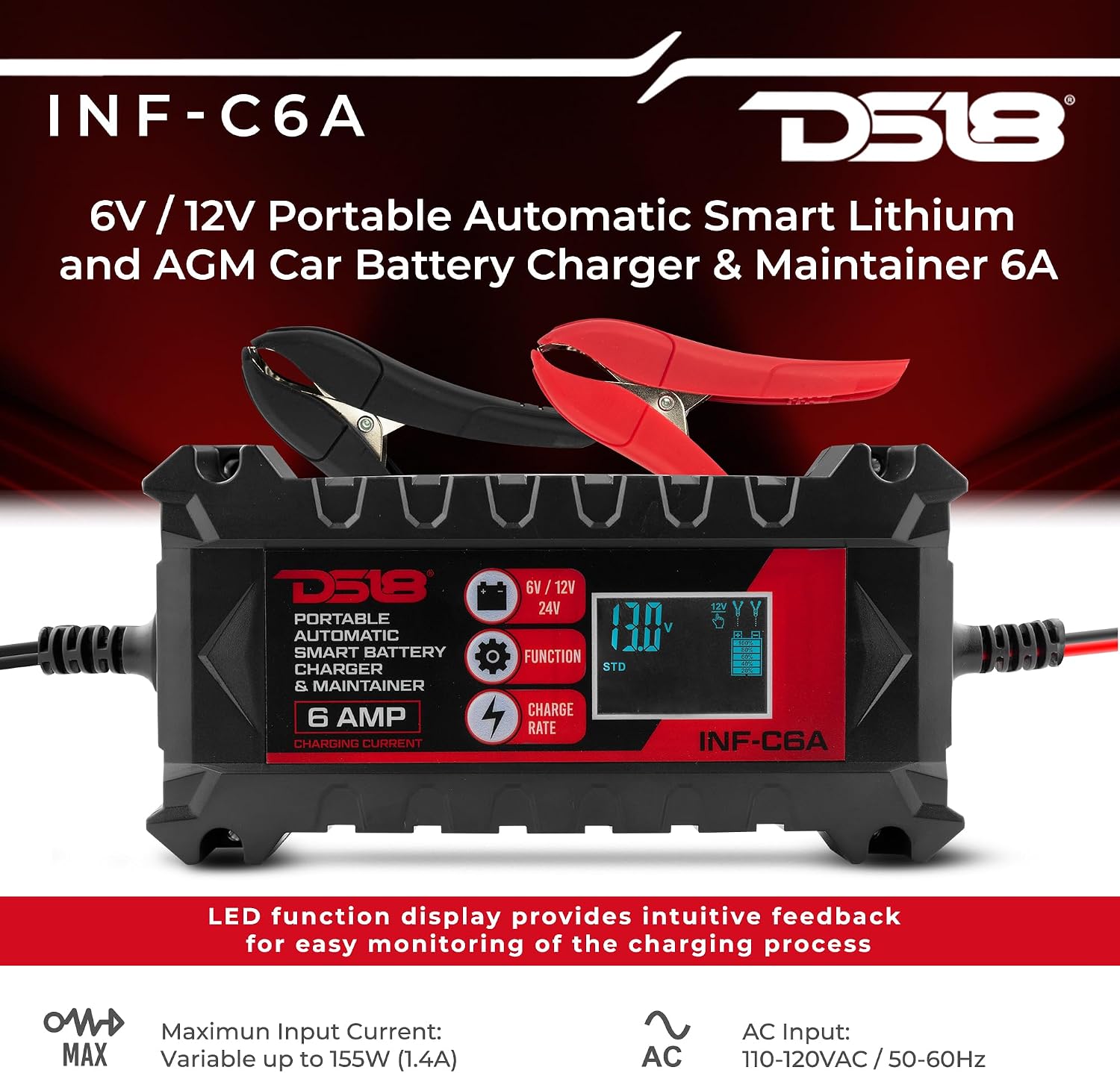 DS18 INF-C6A 6V/12V Car Battery Charger, Portable Automatic Smart Lithium and AGM Battery Trickle Charger & Maintainer 6A for Car Truck Motorcycle Lawn Mower Boat Marine Lead Acid Batteries