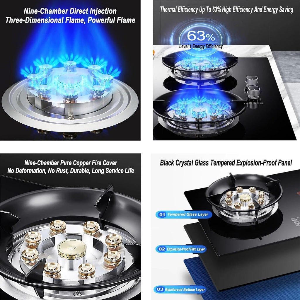 Gas Stove 2 Burners, 5.2KW Built-in Gas Cooker Plug and Play Accidental Flameout Protection Device, for Home Kitchen Camping Garden Dining(LPG)