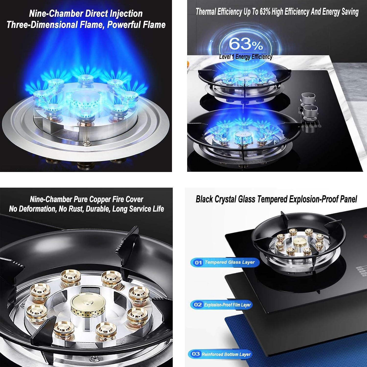 Gas Stove 2 Burners, 5.2KW Built-in Gas Cooker Plug and Play Accidental Flameout Protection Device, for Home Kitchen Camping Garden Dining(LPG)