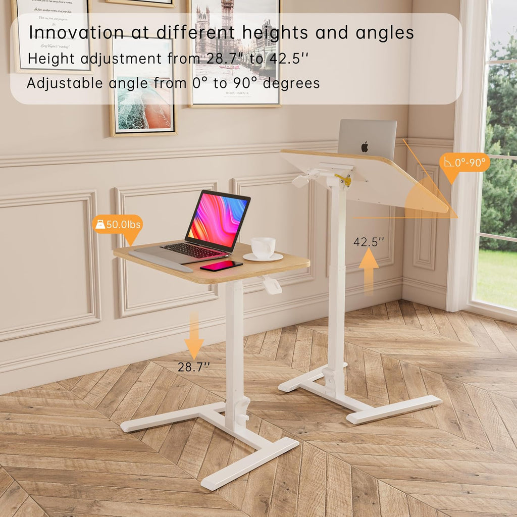 alawooder 25 Inch Mobile Folding Desk - No Assembly, Pneumatic Sit-Stand, 29-42' Height Adjustable Rolling Laptop Desk with Hidden Wheels, 0-90° Tilt Top for Home Office, Craft & Study