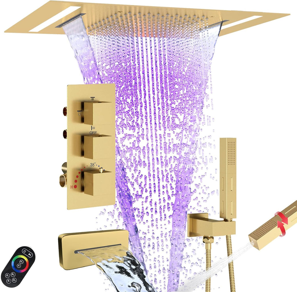 Brushed Gold Faucets Set Thermostatic Shower System, 4-Way Luxury Shower Fixture 14X20Inch LED Waterfall Rainfall Shower Head with Waterfall Tub Spout and Dual-mode Handheld