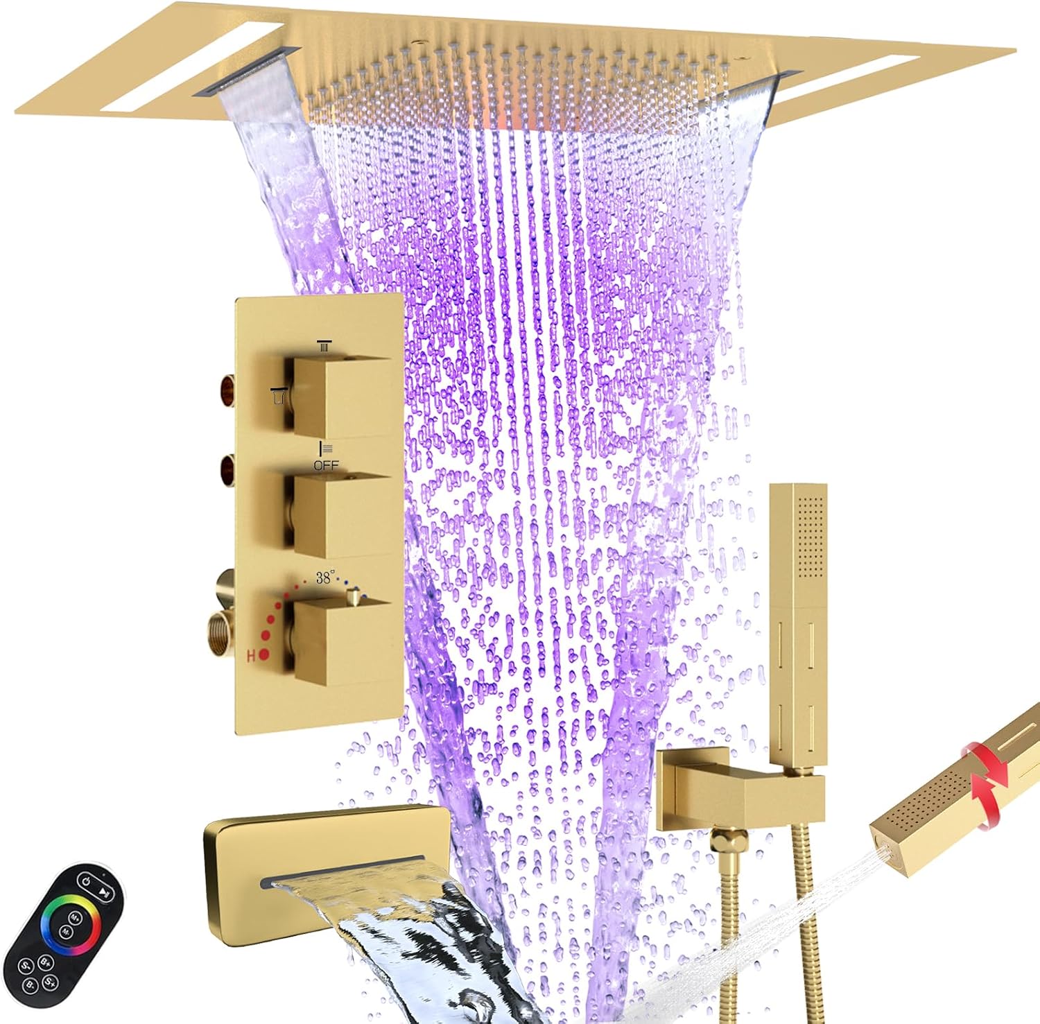Brushed Gold Faucets Set Thermostatic Shower System, 4-Way Luxury Shower Fixture 14X20Inch LED Waterfall Rainfall Shower Head with Waterfall Tub Spout and Dual-mode Handheld