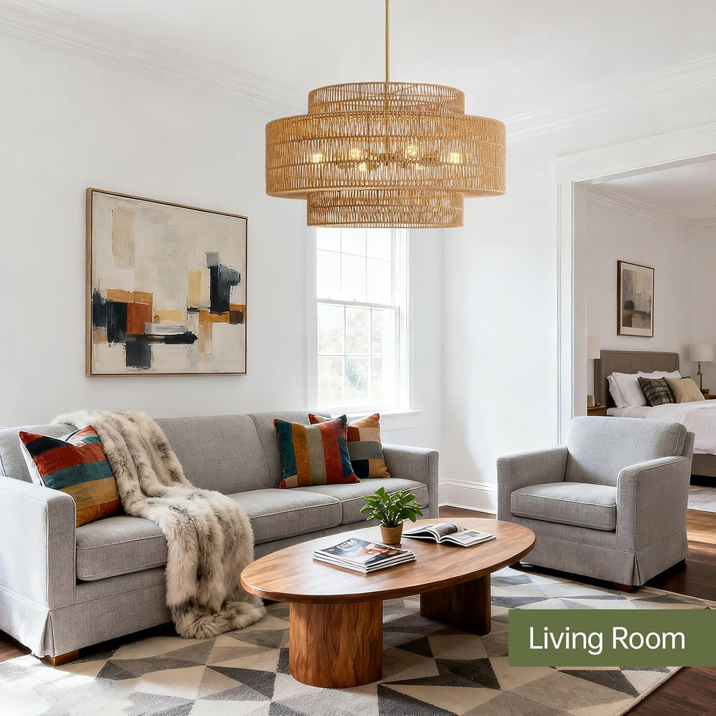 30' Boho Rattan Chandelier Light Fixture, 8-Light Large Hand Woven Pendant Light Fixture Farmhouse Rustic Chandeliers for Dining Room, Kitchen, Bedroom, Living Room, Hallway, Foyer