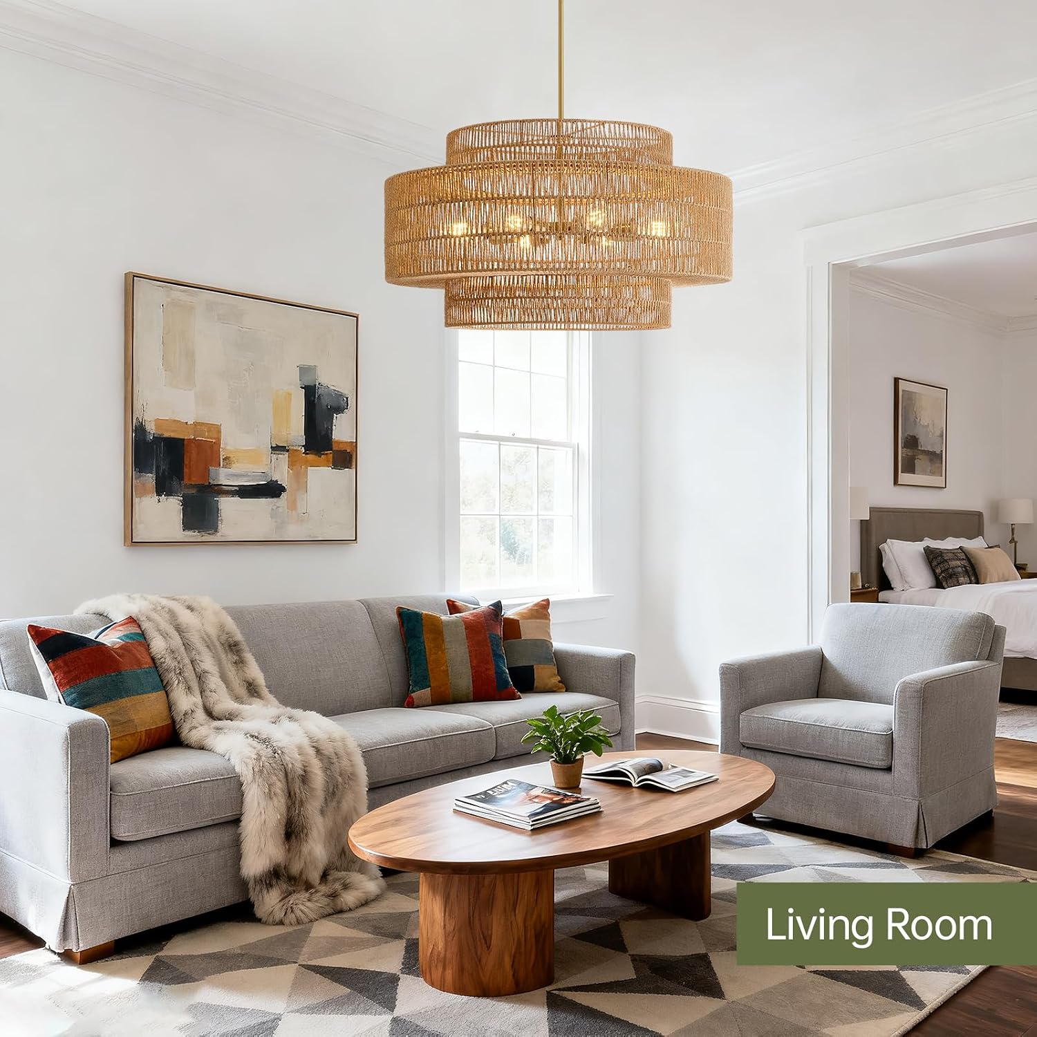 30' Boho Rattan Chandelier Light Fixture, 8-Light Large Hand Woven Pendant Light Fixture Farmhouse Rustic Chandeliers for Dining Room, Kitchen, Bedroom, Living Room, Hallway, Foyer