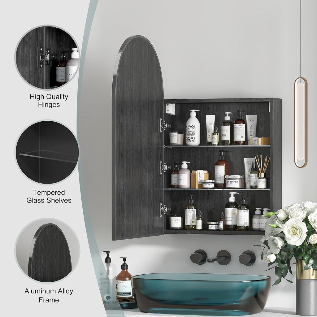 Arched Medicine Cabinet Mirror for Bathroom, Brushed Black Arch Mirror Cabinet with Storage,Adjustable Shelves, Wall Mounted Only, Modern Bathroom Storage,20x32 Inch