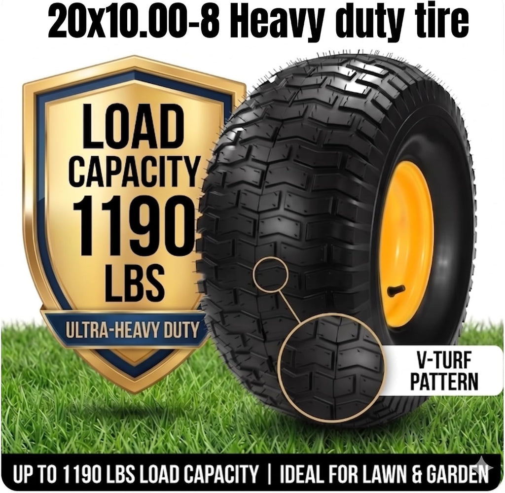 2PCs 20x10.00-8 Tubeless Lawn Mower Tire and Wheel, Replacement for John Deere Rear 20x10-8nhs Riding Lawn Mower, Gaeden Tractor, 3/4' Borehole 3/16' keyway, 3.5 Offset Hub, 4 Ply, 1190 Lbs Capacity