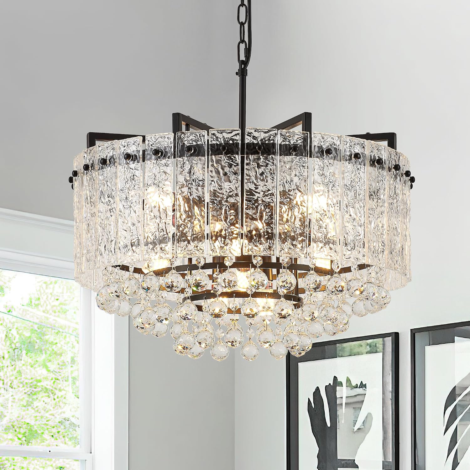 22.2' 10-Light Modern Glass Chandelier Light Fixtures Black 3-Tier Crystal Beads Chandeliers for Dining Room Round Hanging Ceiling Pendant Lighting for Kitchen Island Entryway Foyer Hallway