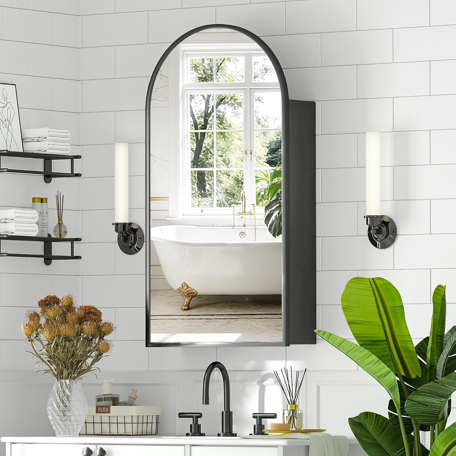 Arched Medicine Cabinet with Mirror, Brushed Black Wall Mounted Bathroom Mirror Cabinet, 3 Adjustable Shelves Storage, Reversible Door Opens Left to Right, Modern Metal Frame, 16 x 30 Inch