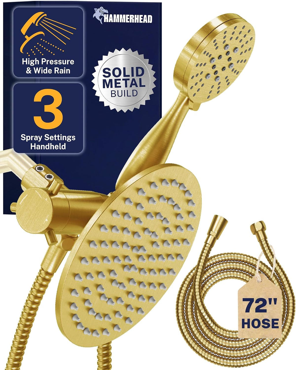 HammerHead Showers® Solid Metal Dual Shower Head Combo – BRUSHED GOLD – 8 Inch Rainfall High Flow Shower Head & 3-Flow Handheld Shower Head High Pressure with Hose 6ft - Luxury Double Shower Heads