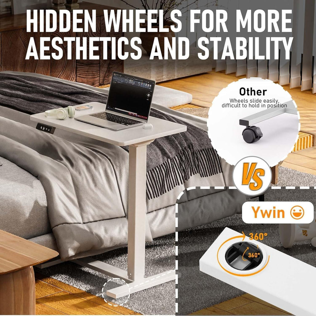 Ywin Electric Overbed Table with Wheels, Automatic Height Adjustable Rolling Desk with Silent Motor, 2 Memory Presets & LED Display, Mobile Laptop Cart for Bed, Couch, Home Office, and Hospital Use