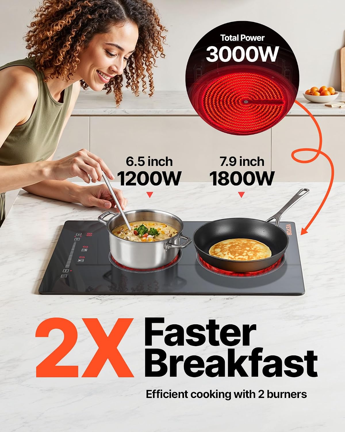 Happybuy 20x11.6 Inch Electric Stove Top, 2 Burners, 240V Glass Radiant Cooktop with Sensor Touch Control, Timer, Child Lock, 9 Power Levels for Frying, Simmering, Steaming