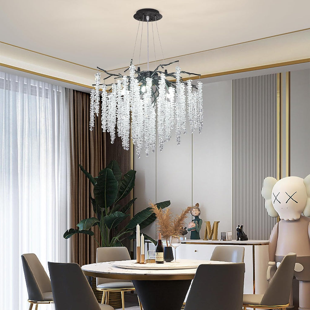 Modern Crystal Tree Branch Chandelier, D31.5'' Black Round Raindrop Indoor Hanging Branch Chandelier Fixture for Dining Room Living Room Bedroom 12 Lights