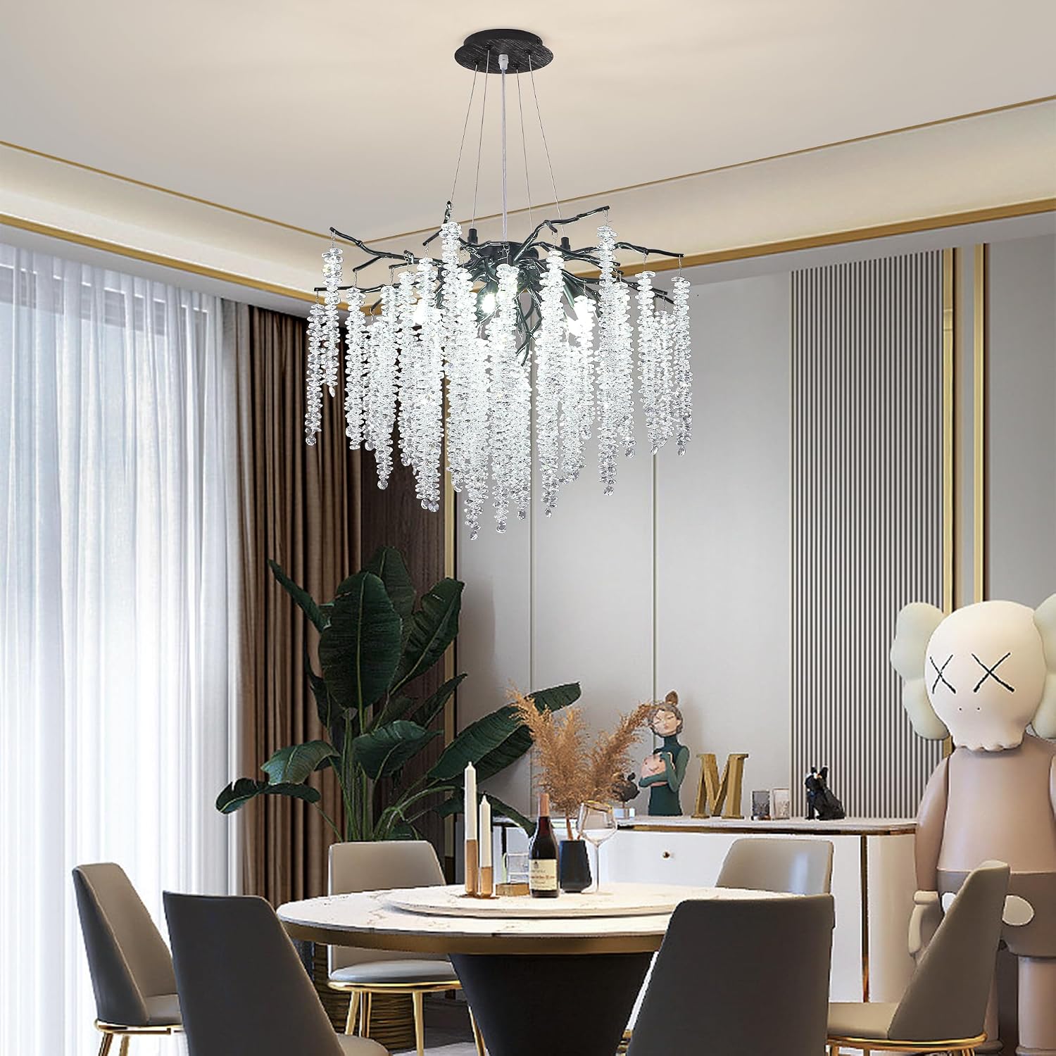 Modern Crystal Tree Branch Chandelier, D31.5'' Black Round Raindrop Indoor Hanging Branch Chandelier Fixture for Dining Room Living Room Bedroom 12 Lights
