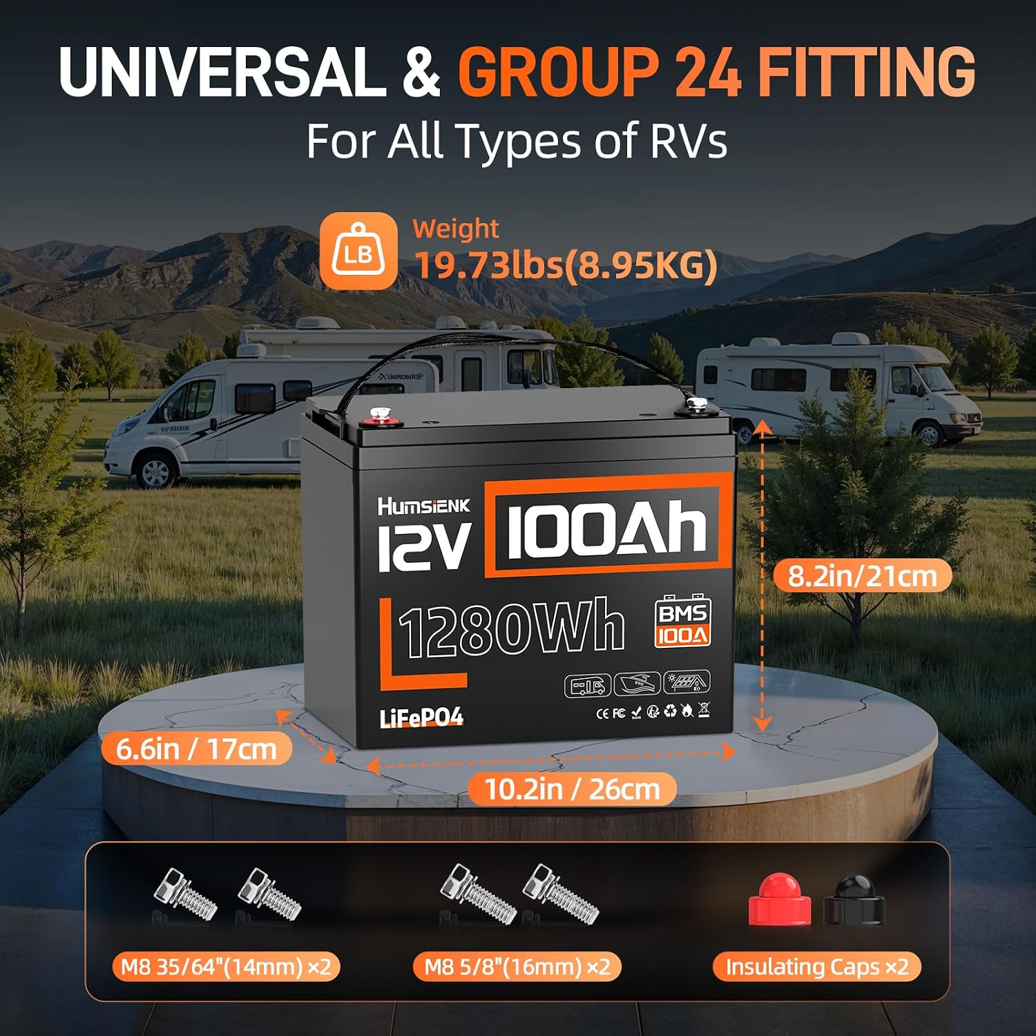 HumsiENK 12V 100Ah LiFePO4 Battery Lithium Deep Cycle, Group 24, IP67, Built-in 100A BMS, 1280Wh Energy, 15000+ Cycles for RV Solar Off-Grid Marine Trolling Motor, Portable Power for Camping