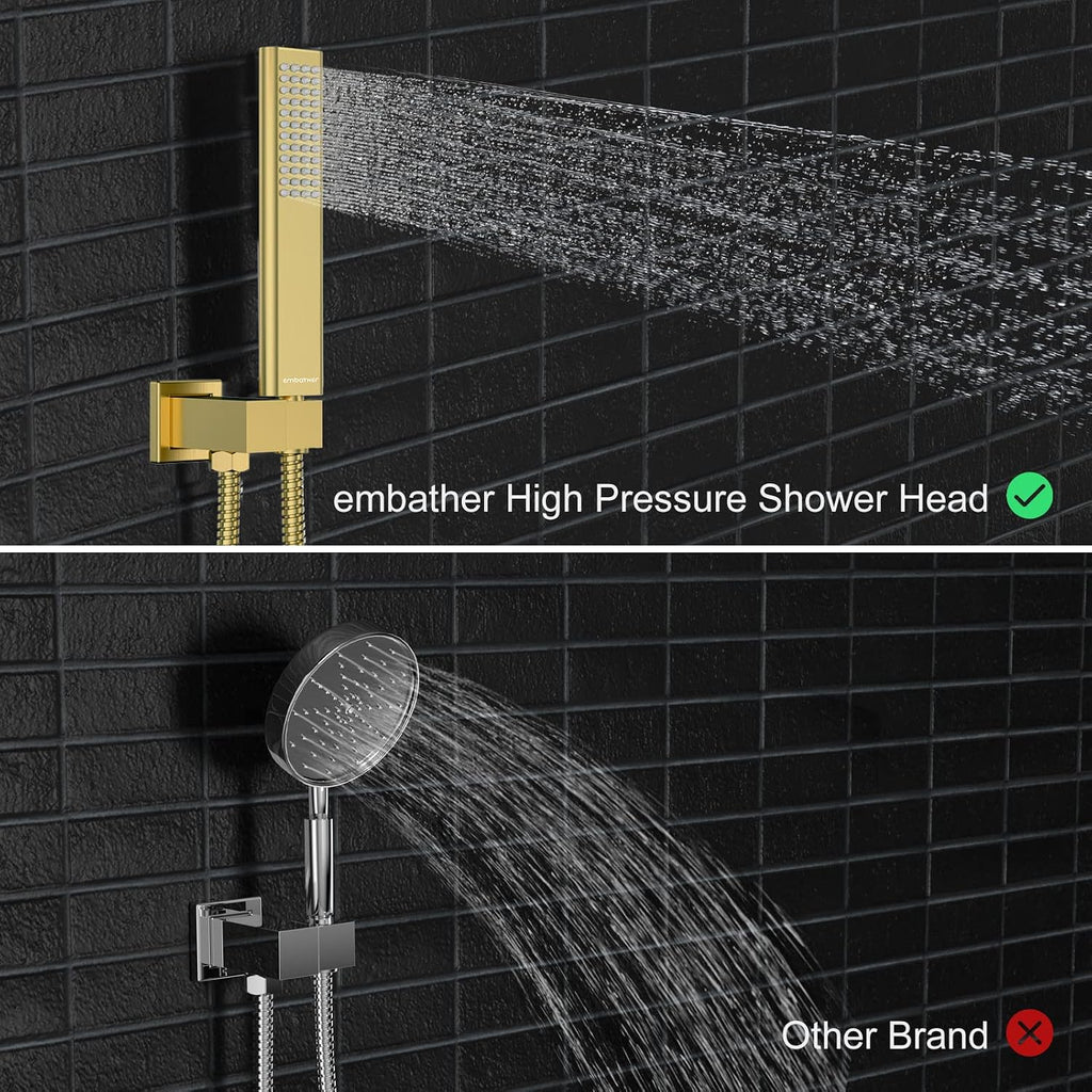 EMBATHER Brushed Gold Shower System- 12 inch Shower Faucet Sets with Rain Shower Head Hand Held Shower Head for Bathroom, Wall Mounted Square Shower Combo Set (Contain Shower Valve and Trim)