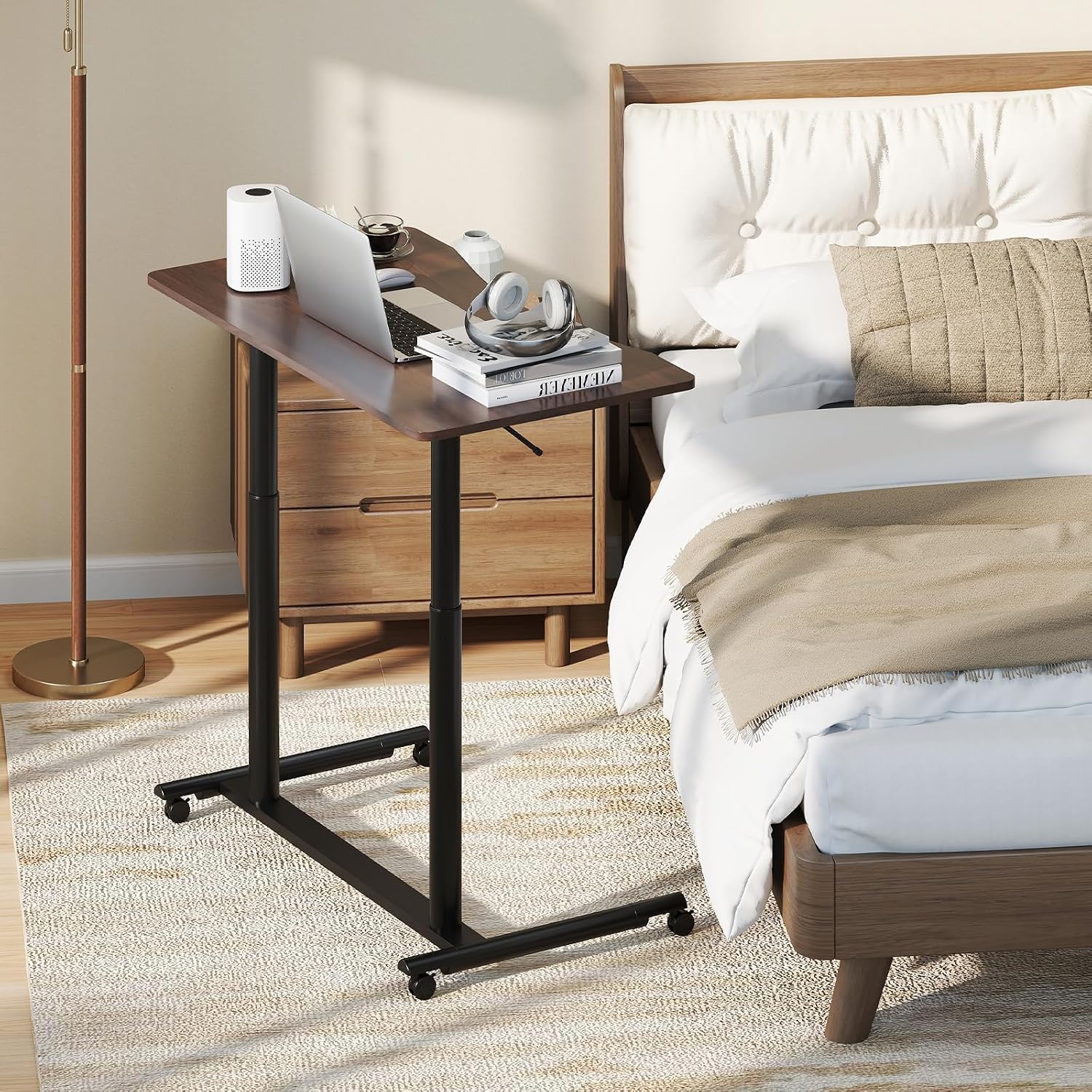 Tangkula Mobile Standing Desk, C-Shaped Sit Stand Desk with Adjustable Height, Lockable Wheels & Metal Frame, Rolling Laptop Desk, Portable Computer Workstation for Small Space