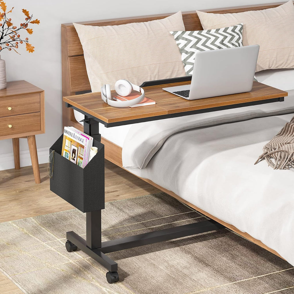 Tribesigns Height Adjustable C Shaped End Table with Wheels and Side Pocket, Mobile Sofa Snack Table with Tiltable Drawing Board, Laptop Side Tray Table for Couch Bed (Walnut Brown)