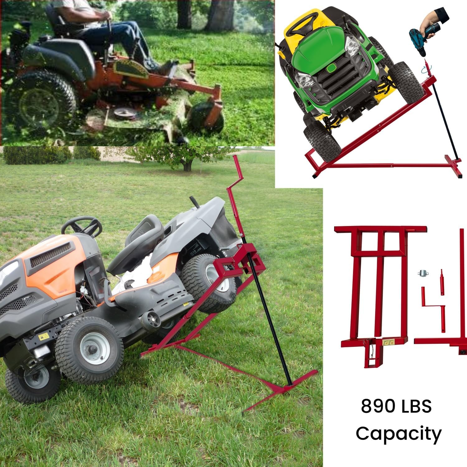 Lawn Mower Lift Jack, 890 Lbs Weight Capacity, Riding Lawnmower Lift for Garden Tractors and Lawn Mowers, Tractor Side Lift with Manual Handle & Power Tool Extension Handle