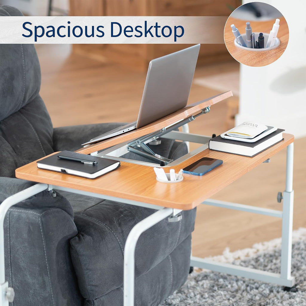 VIVO Mobile Over the Bed and Recliner Table, Tilting Laptop Tray with Height and Length Frame Adjustment, Ergonomic Overbed Kids and Adult Desk on Wheels, Light Wood, DESK-V202A