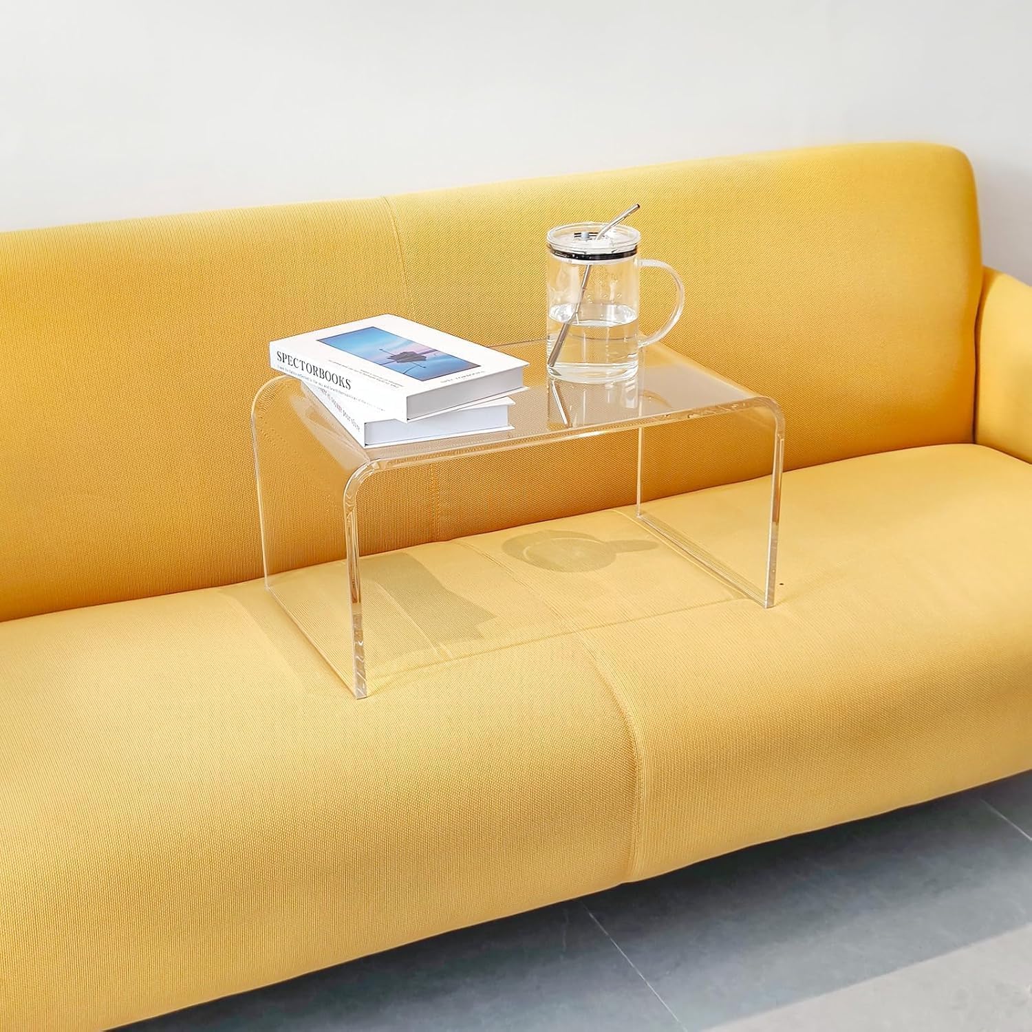 Clear Acrylic End Table, 20' L x 12' W x 12' H x 0.5' Thick C-Shape Clear Side Tables, Modern Lucite Coffee Table for Living Room, Bedroom, Bathroom, Office, Kitchens No Installation (2pcs)