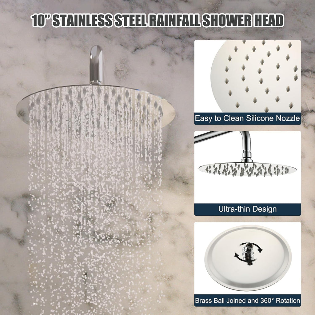 MONDAWE Round Shower Faucets Sets Complete with Tub Spout, Wall Mounted Shower System 10 Inch Rainfall Shower Head with Handheld Combo, Chrome High Pressure Shower Faucet Set
