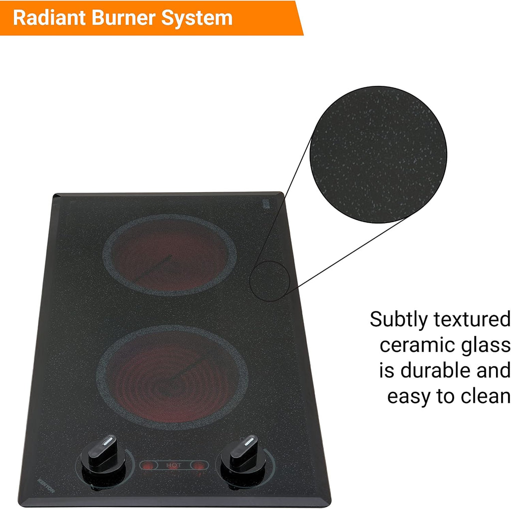 Kenyon Mediterranean 2-Burner Small Cooktop, Electric Cooktop for Energy-Efficient Cooking, Knob Control, Portrait Cooktop, 208-Volt, Black