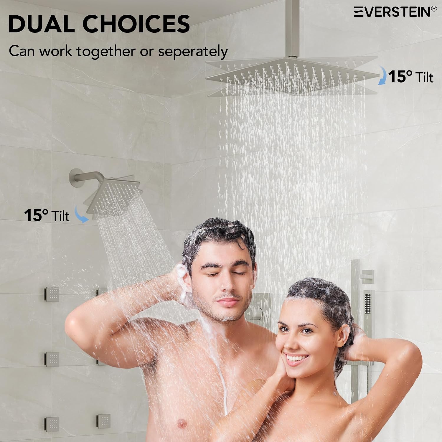 16 Inch Rainfall Shower System for Bathroom with Valve, Dual Rainfall Shower Head Faucet with 6 Body Jets (Brushed Nickel)