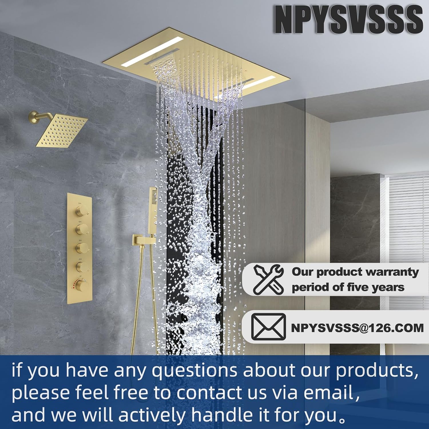 Dual Rain Shower Head Thermostatic Luxury Spa Shower System And Ceiling Mount 14x20 Inch LED 4 Functions with 6 Inch Wall Head Shower Faucet Set,Brushed Gold