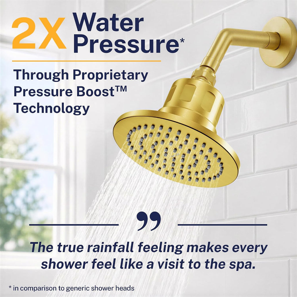 Gillian™ by HammerHead High Pressure Shower Head with Filter – Genuine KDF-55 Filtered Shower Head for Hard Water, Healthier Skin & Hair – Metal 6-Inch Rainfall Showerhead with Filters, Brushed Gold