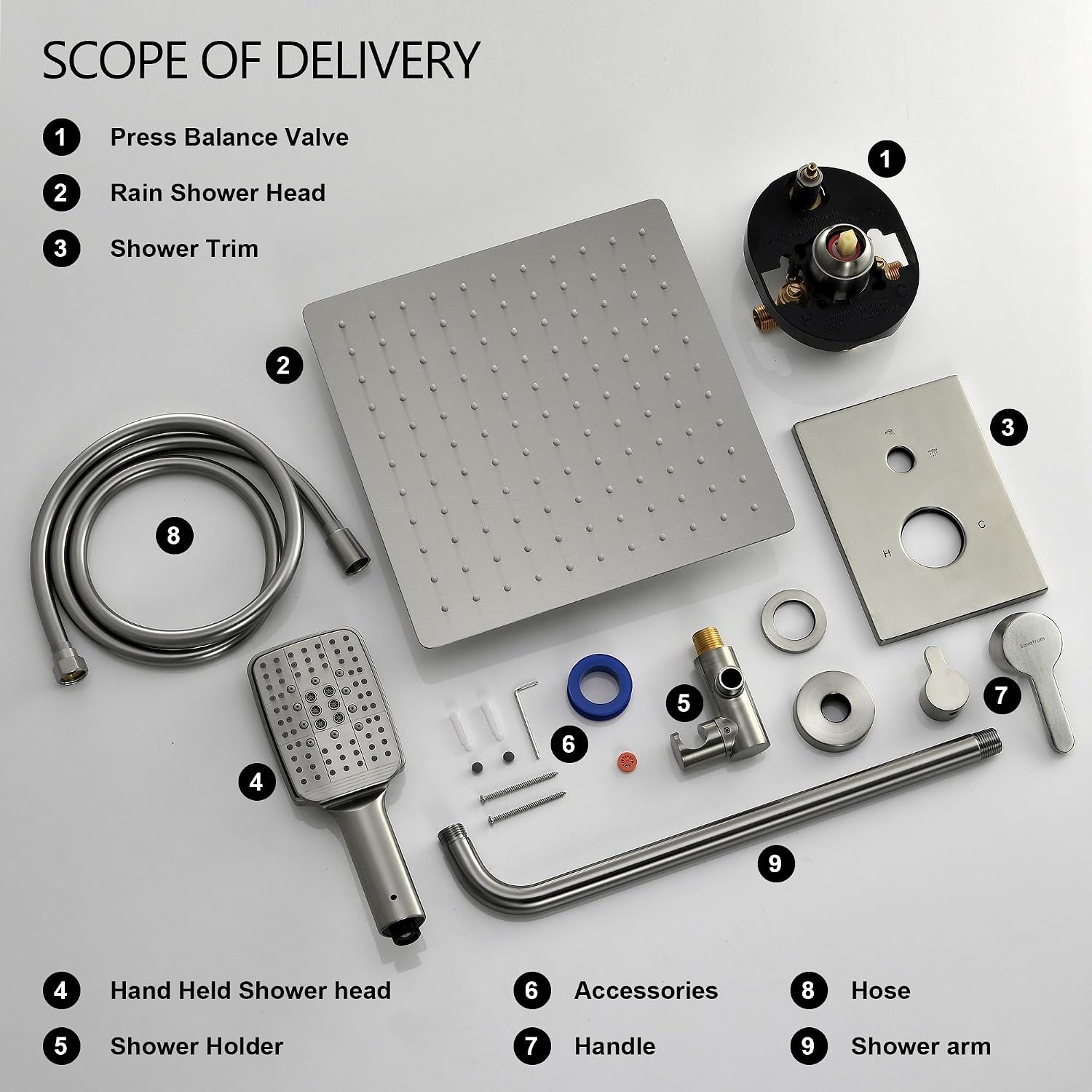 Shower Faucet Set - 12 inches Rain Shower System with 6 Function Handheld Shower Head Rough in Pressure Balance Valve Kit - Stainless Steel Bathroom Shower Kit Complete Brushed Nickel