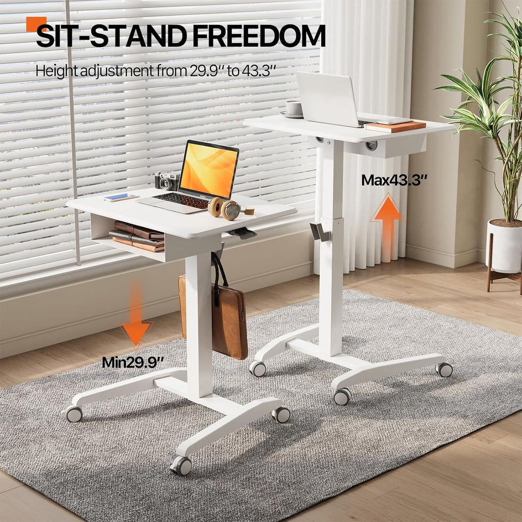JOY Worker Mobile Standing Desk With Storage Drawer, Pneumatic Height Adjustable Laptop Workstation, White Rolling With Wheels for Home Office Classroom