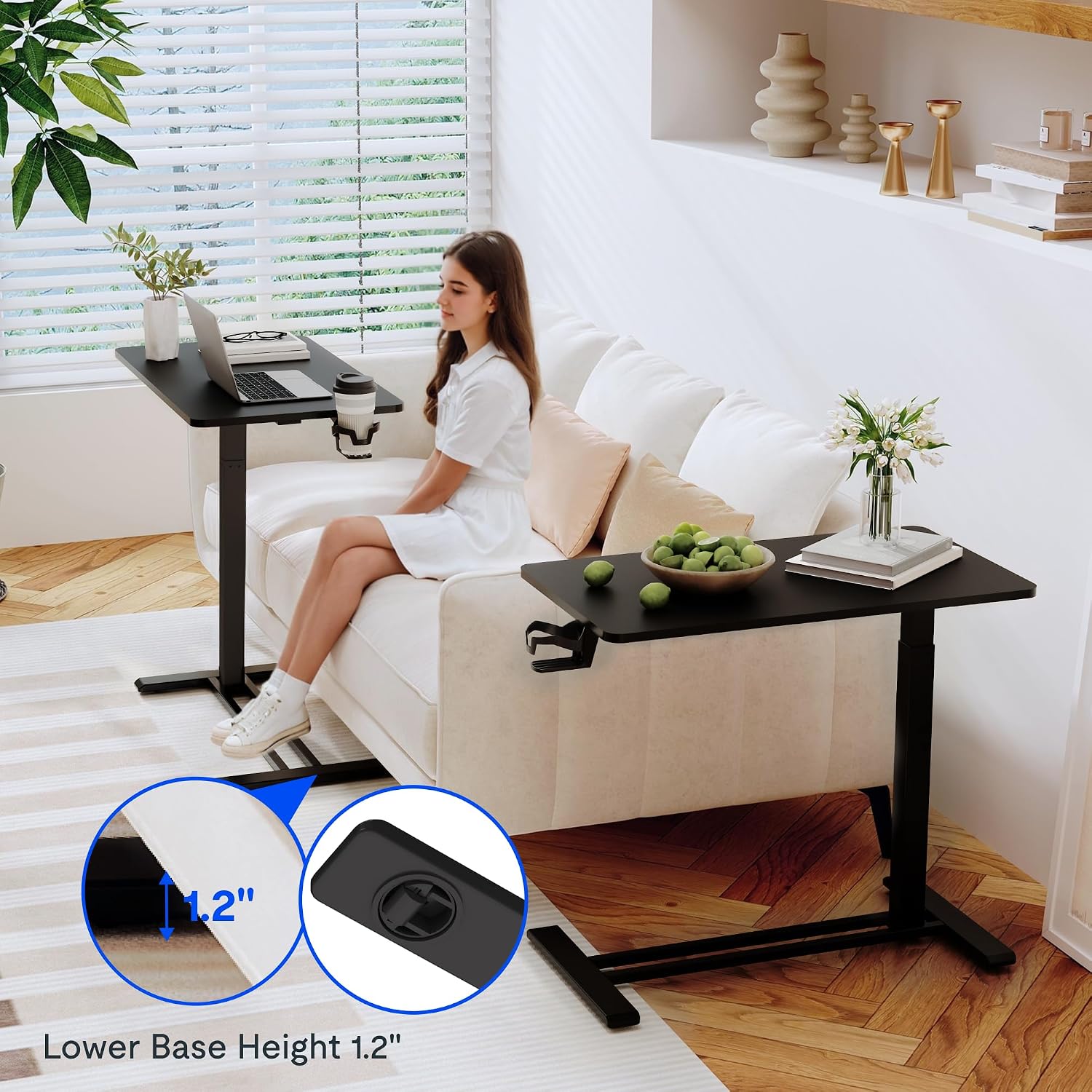 FLEXISPOT Adjustable C Table with Wheels, Mobile Snack Side End Table Sofa Couch Bedside Table Laptop Rolling Cart TV Tray Night Stand Small Space Side Table,(31.5' W x 17.7' D,Black)