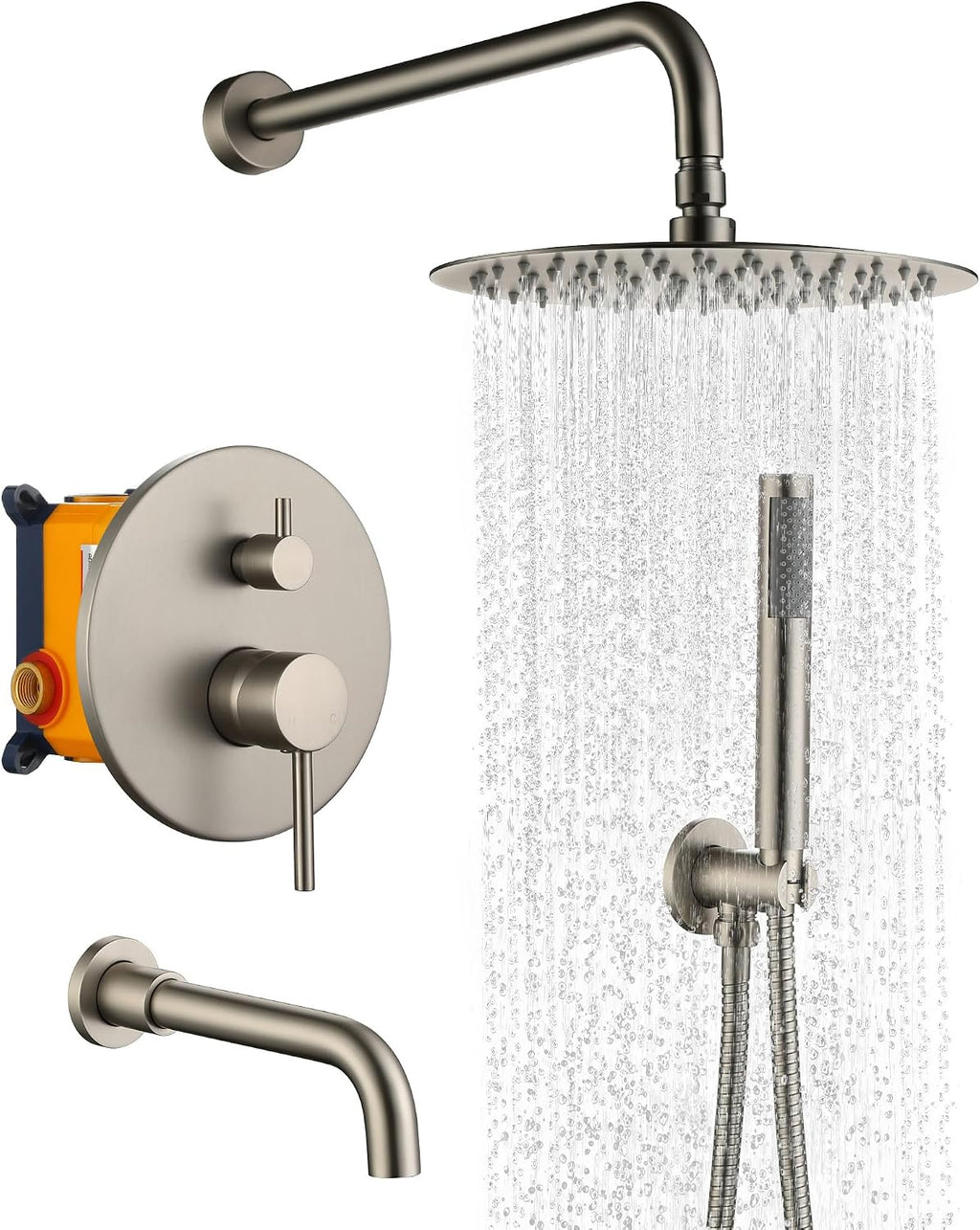 MONDAWE Round Shower Faucet Set with Tub Spout, Wall Mounted Shower System 10 Inch Rainfall Shower Head with Handheld Combo, Brushed Nickle High Pressure Shower Faucets Sets Complete