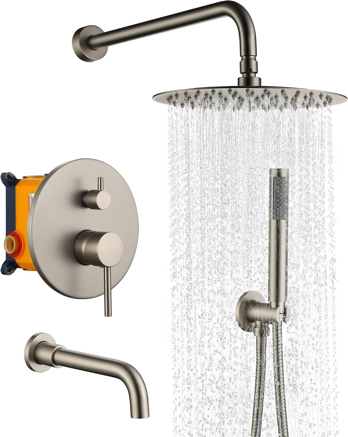 MONDAWE Round Shower Faucet Set with Tub Spout, Wall Mounted Shower System 10 Inch Rainfall Shower Head with Handheld Combo, Brushed Nickle High Pressure Shower Faucets Sets Complete