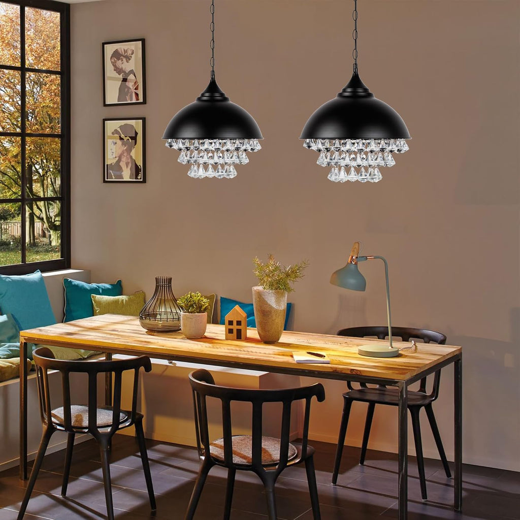 CeilingChandeliers, Industrial Chandelier 1-Light Crystal Pendant Light,Retro Black Wrought Iron Dome Shade Celling Light Hanging Light for Bedroom Dining Room,Bathroom