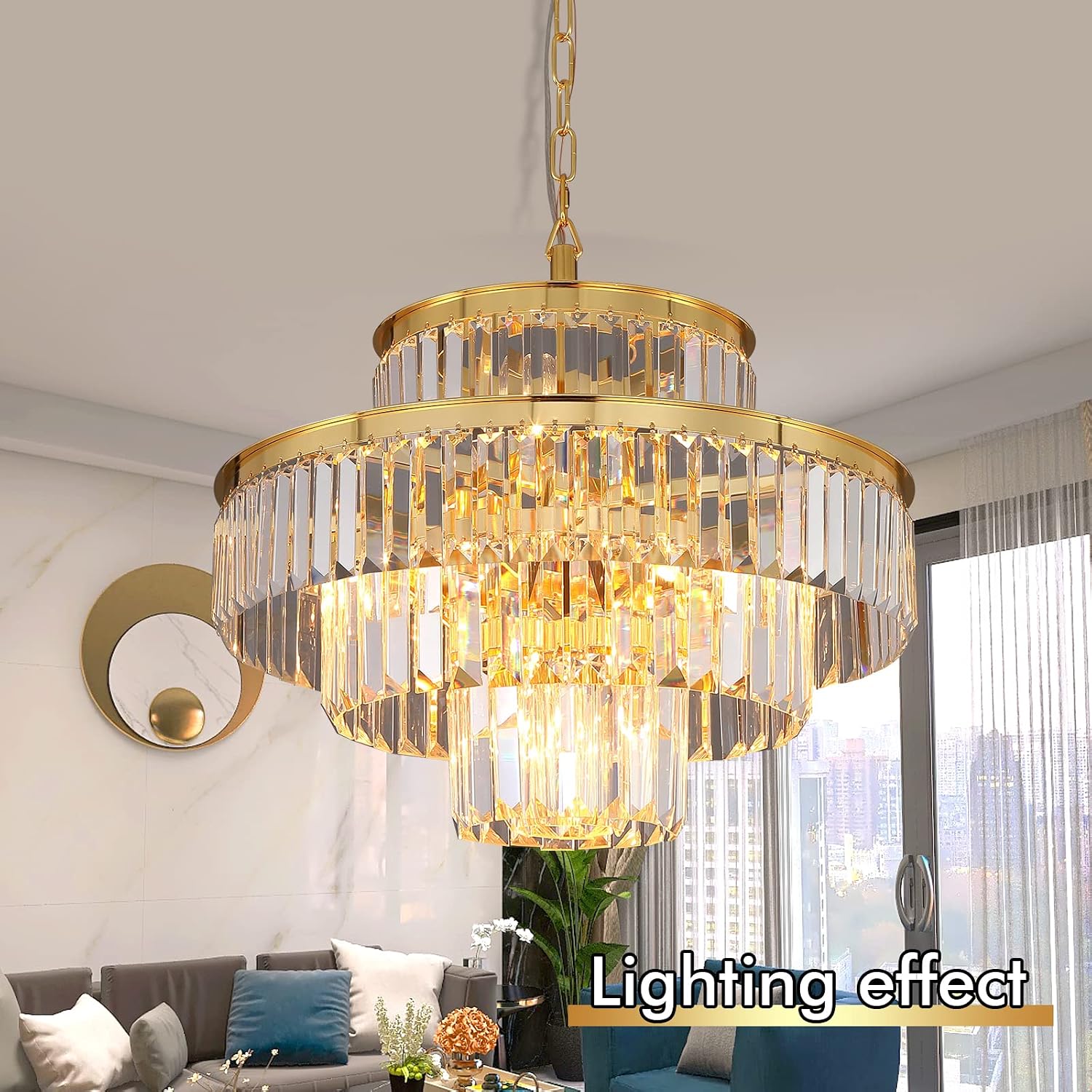 Modern Style Crystal Chandeliers & LightsRound Hanging Classic, Pendant Ceiling Chandelier Lighting Fixture 4-Tier for Dining Room Living Room(Gold Orange,20 inch)