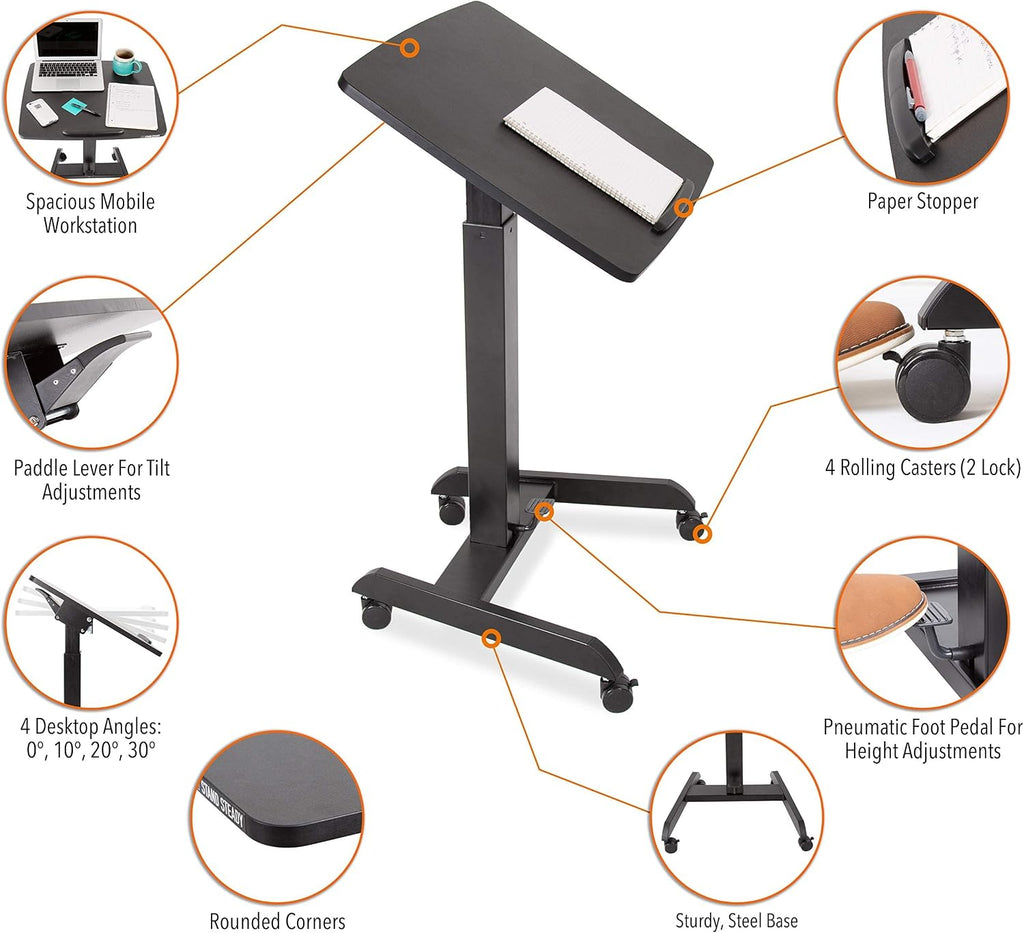 Stand Steady Multifunctional Mobile Podium Desk | Portable Sit to Stand Lectern with Pneumatic Height Adjustment & Tilting Desktop | Rolling Laptop Stand | Mobile Desk for School, Home, Office (Black)