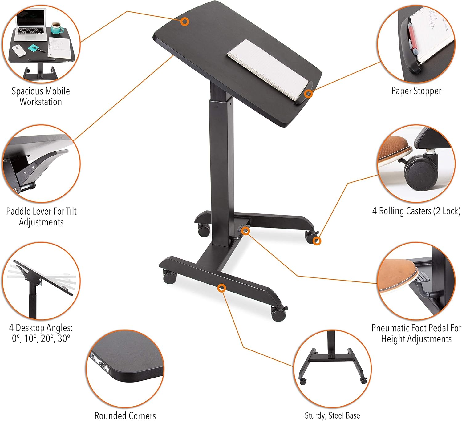 Stand Steady Multifunctional Mobile Podium Desk | Portable Sit to Stand Lectern with Pneumatic Height Adjustment & Tilting Desktop | Rolling Laptop Stand | Mobile Desk for School, Home, Office (Black)