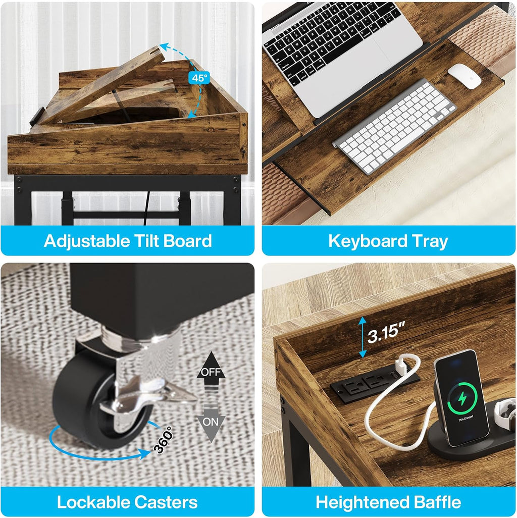 Tribesigns Height Adjustable Overbed Table with Wheels, Queen Size Over Bed Desk with Adjustable Tilt Stand, Mobile Laptop Cart Computer Desk with Outlets & USB Ports (Rustic Brown)