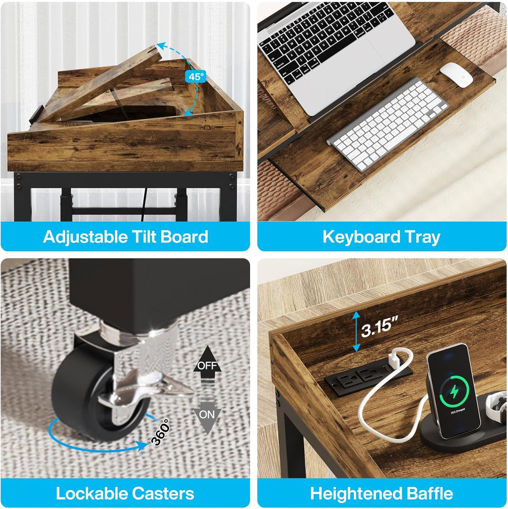 LITTLE TREE Overbed Table with Wheels Adjustable Height, Rolling Table with Outlets & USB Ports for Queen Bed, Giant Adjustable Over the Bed Desk with Tilt Stand, Brown