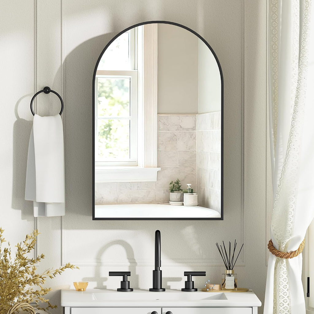 Brushed Black Arched Medicine Cabinet with Mirror, Wall Mount Bathroom Storage Cabinet, Surface Mount, Reversible Left/Right Opening Door, Modern Metal Framed Mirror Cabinet, 20 x 30 Inch