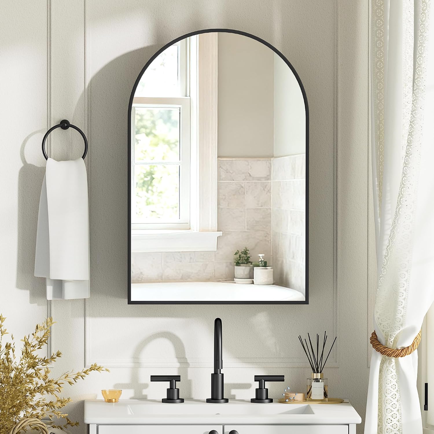 Brushed Black Arched Medicine Cabinet with Mirror, Wall Mount Bathroom Storage Cabinet, Surface Mount, Reversible Left/Right Opening Door, Modern Metal Framed Mirror Cabinet, 20 x 30 Inch